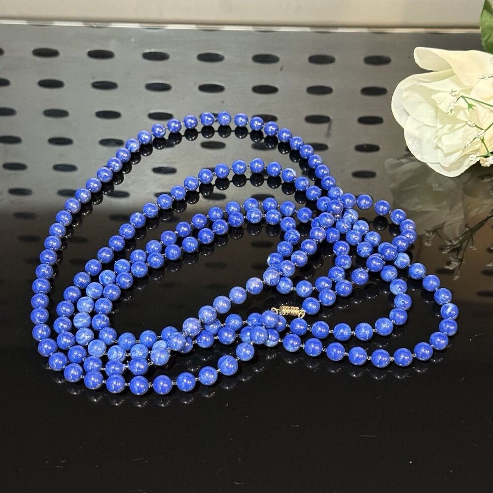 Long Blue Beaded Necklace Marbled Round Beads Double Strand Screw Clasp - Picture 7 of 12